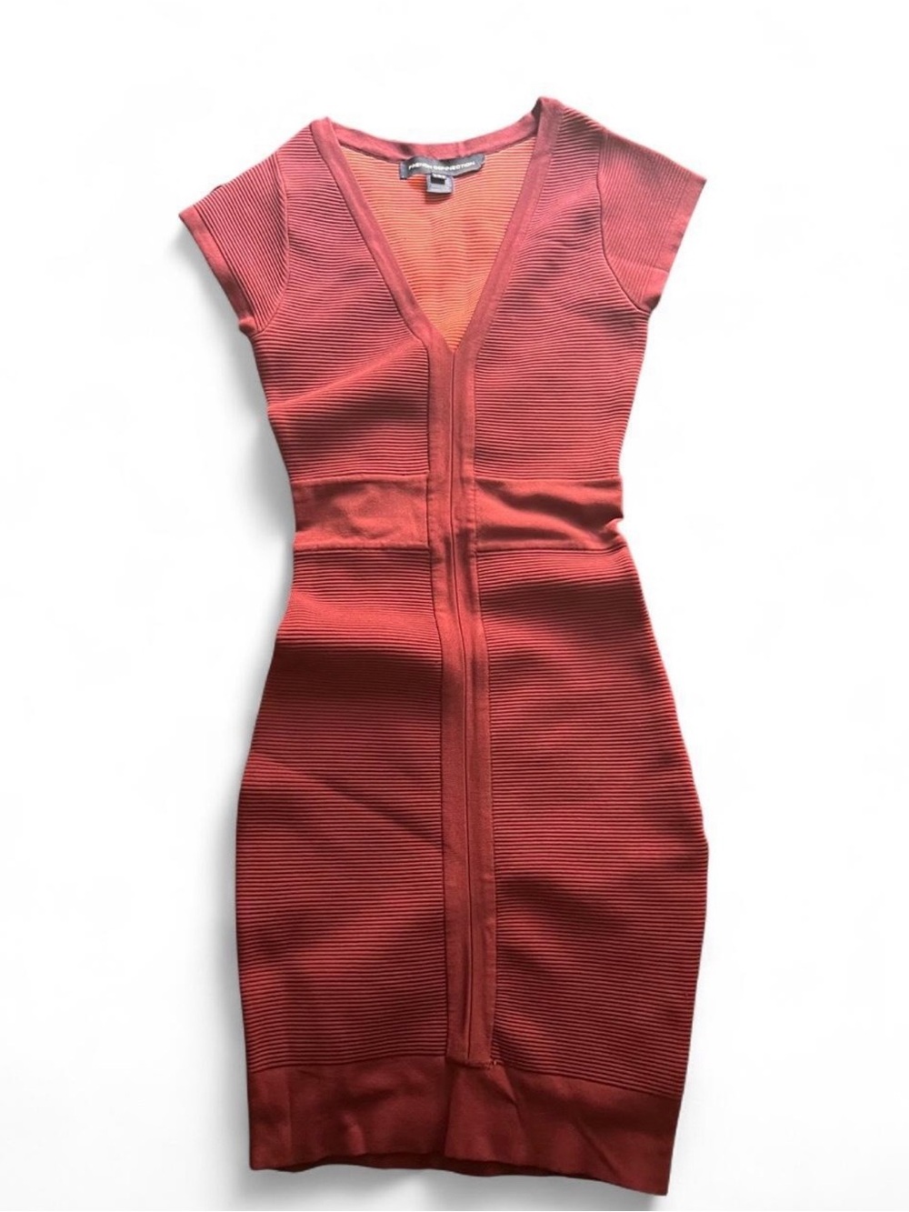 French connection Fitted V-Neck Ribbed Bodycon Dress - Burgundy Red
